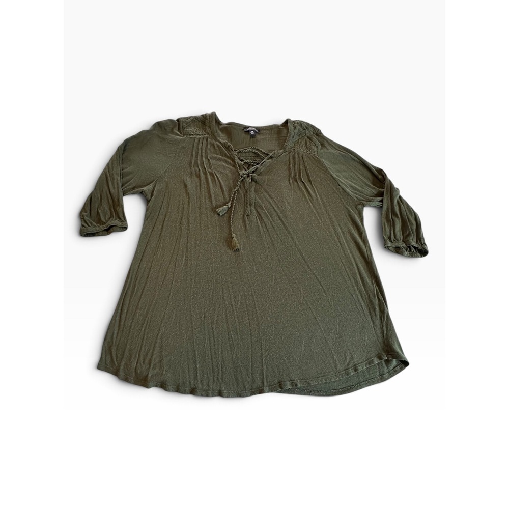 Lucky Brand Peasant Top Womens 1X Olive Green Embroidered Tassel Boho